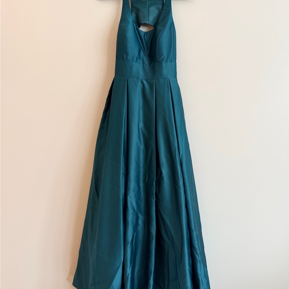 Morgan & Co. Teal Satin Prom Gown with Front Cutout